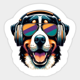 Greater Swiss Mountain Dog Smiling DJ with Euphoric Tunes Sticker